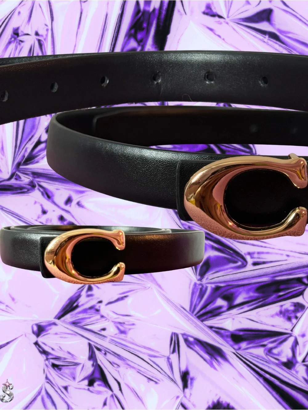 Leather Women's Belt with Rose Gold 'C' Buckle - Black